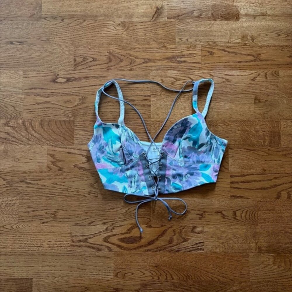 For Love & Lemons Tamara Corset lavender purple gray floral denim lace crop top